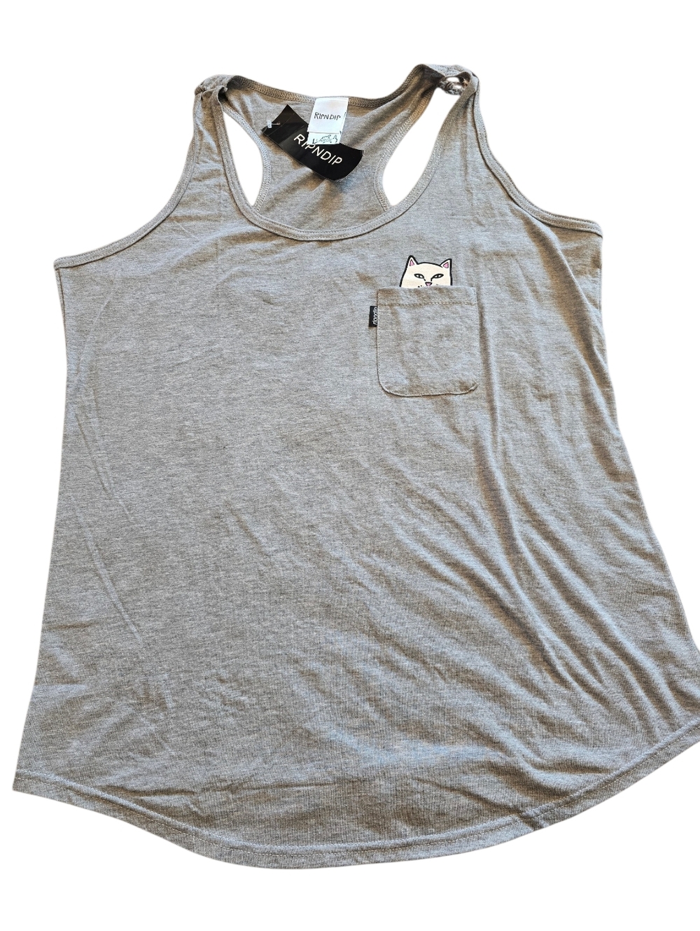 Ripndip Large Light Gray Racerback Tank with Peekaboo Cat Pocket NWT